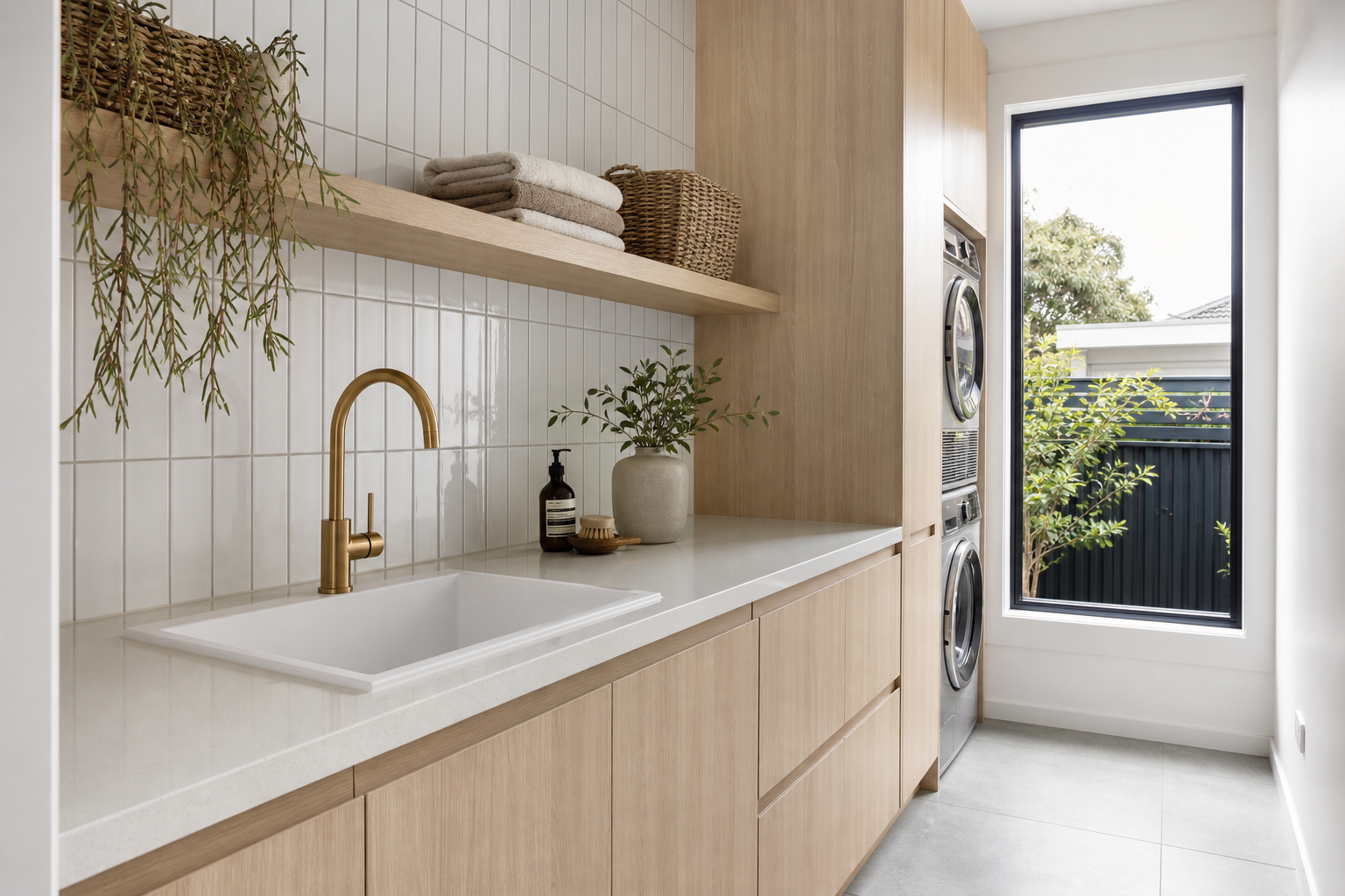 Modern laundry with timber cabinetry, stone benchtop and white subway tile
